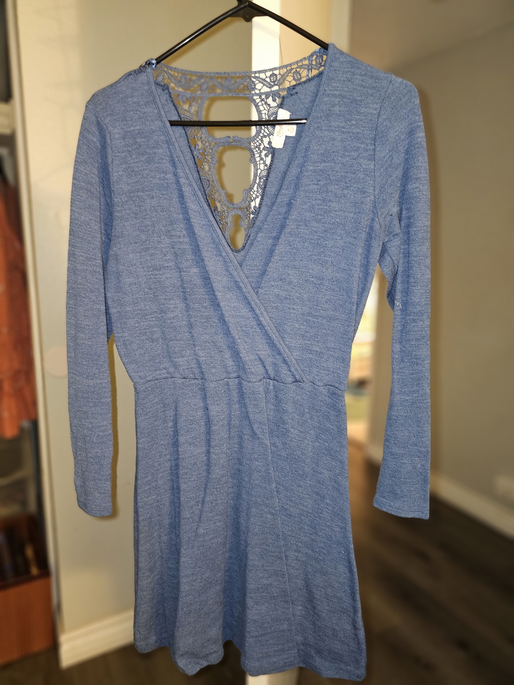 Ladies' Blue Lace-Back Long Sleeve Wrap Dress